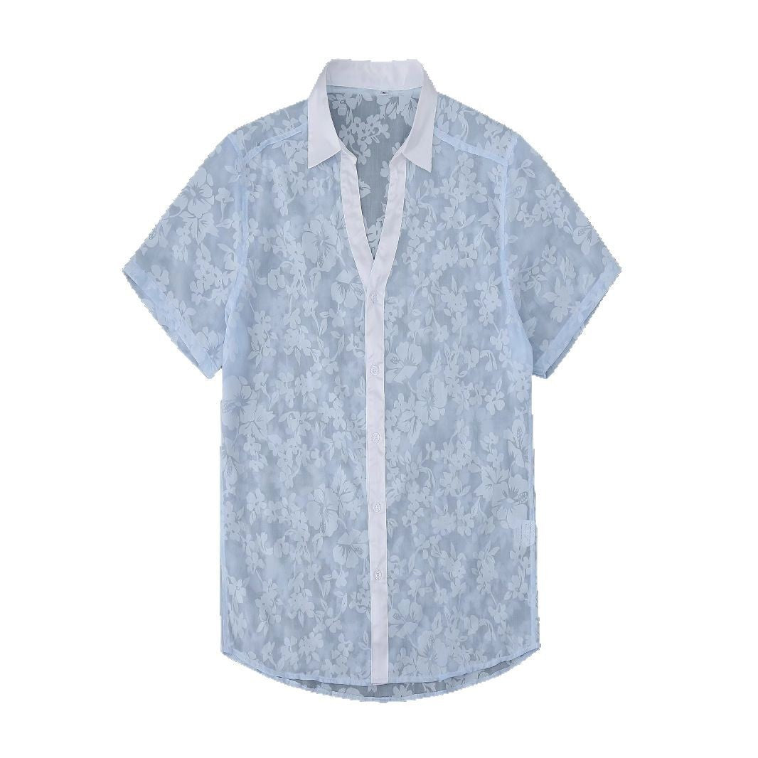 Shirt Transparent Cutout Short Sleeve Thin Holiday Beach Shirt