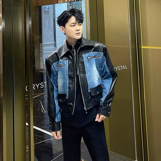 Exclusively High-grade Stitching PU Leather With Cross-border Denim Coat
