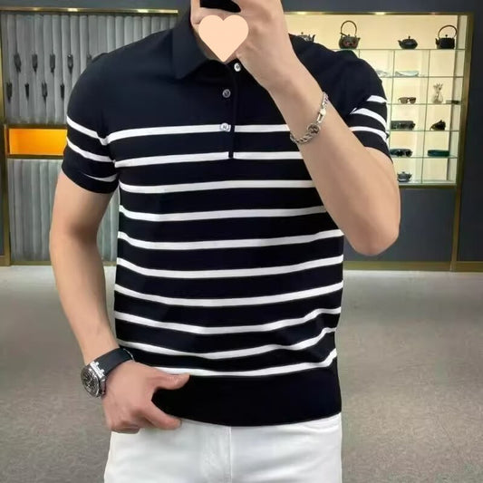 Striped Lapel Knitted T-shirt