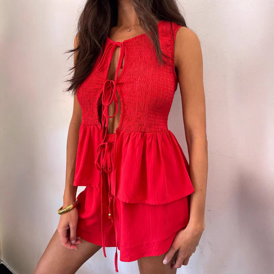 Lace-up Backless Top, High Waist Shorts Suit