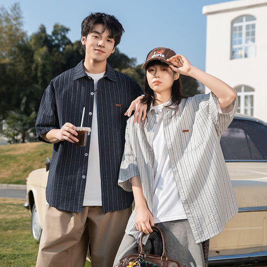Retro Casual Texture Contrast Color Striped Shirt