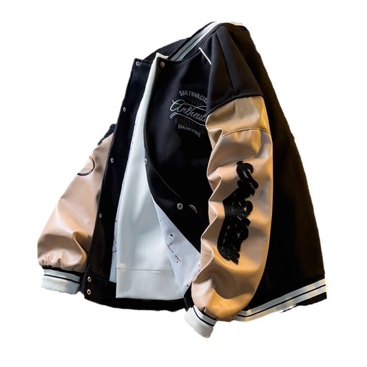 Amazing Contrast Color American Embroidery Leather Sleeve Coat