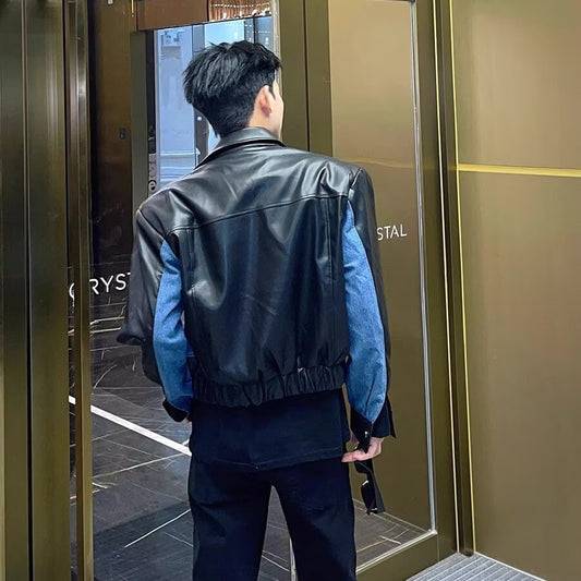 Exclusively High-grade Stitching PU Leather With Cross-border Denim Coat