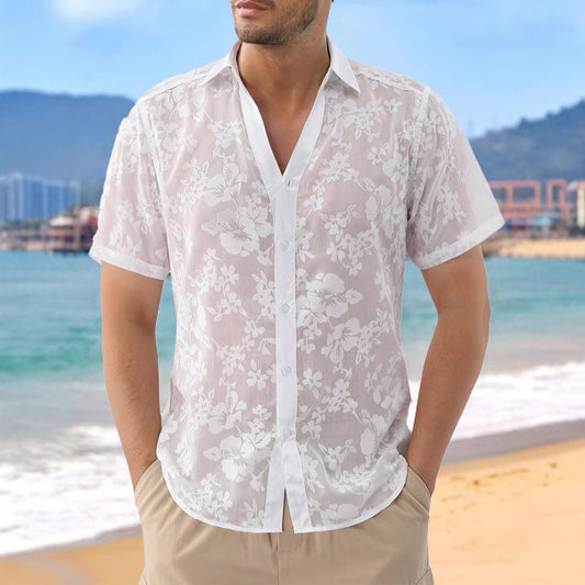 Shirt Transparent Cutout Short Sleeve Thin Holiday Beach Shirt