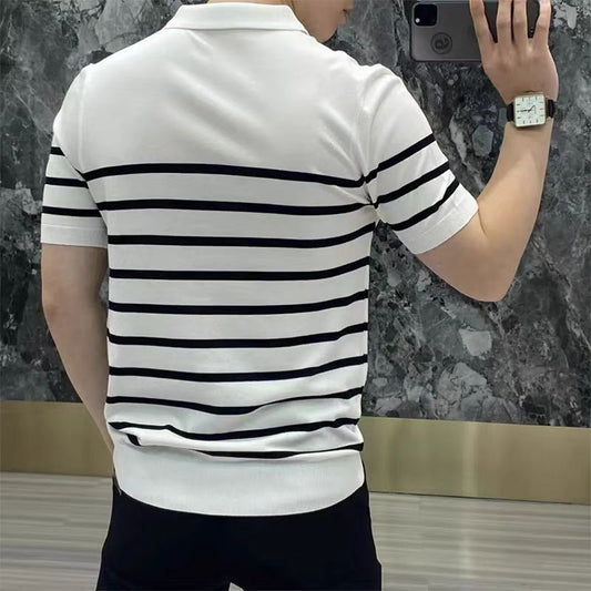 Striped Lapel Knitted T-shirt